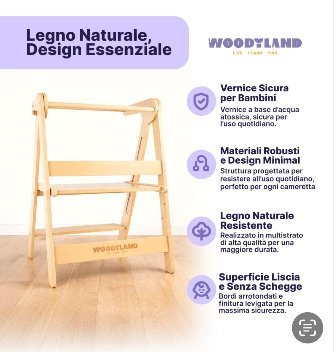 WOODYLAND Torre montessoriana Find, sgabello bambini regolabile e salvaspazio in legno naturale, ideale per cucina e bagno, 18 Mesi–6 Anni, 118 x 56 x 18 cm