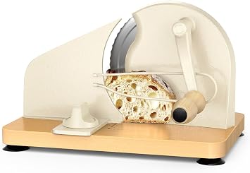 Manual Bread Slicer for Homemade Sourdough with Adjustable Thickness Stainless Steel Blade Scale Line & Suction Cup & Metal Guide Solid Wood Base Hand Crank Bread Slicer