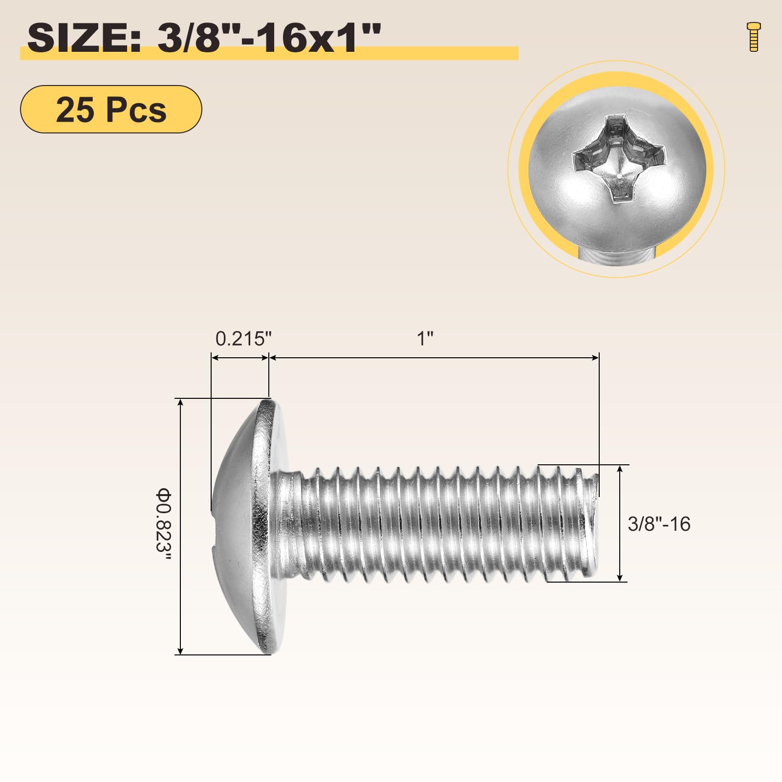 METALLIXITY Machine Screws Phillips Head(3/8"-16x1") 25Pcs, 304 Stainless Steel Round Head Phillips Drive Furniture Bolts - Image 2