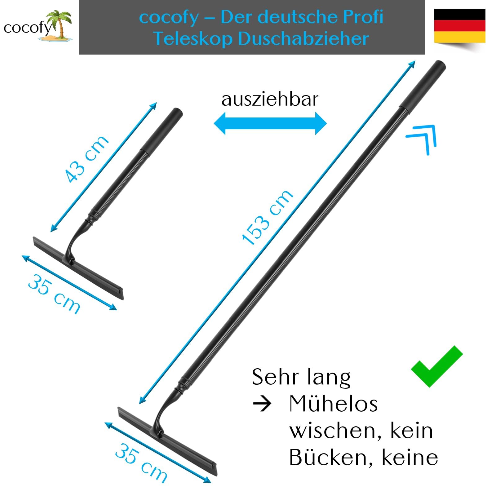 Duschabzieher mit Teleskopstiel 43-153 cm lang 35 cm breit, 2 Haken, Langer Stiel, Teleskop, Bodenabzieher schwarz, Abzieher Teleskop, schwarz