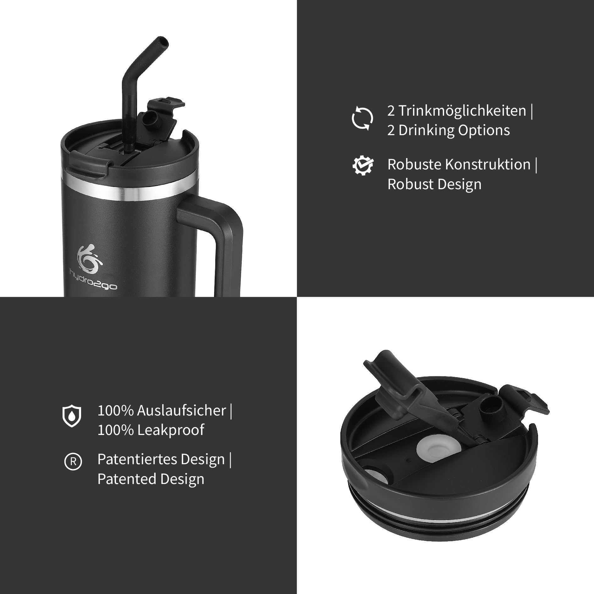 Thermobecher 1180ml mit Namensgravur – Personalisierter 40oz Edelstahlbecher mit Henkel, Deckel & Strohhalm – Hält 10h heiß & 12h kalt, BPA-frei, auslaufsicher (Black + Gravur)