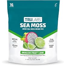 TRULABS Irish Sea Moss Powder Drink Mix Dragon Fruit Lime Flavor, 500 mg Wildcrafted Sea Moss with 30 mcg Biotin and 3 mg Spermidine, Sugar-Free 16 Stick Packs