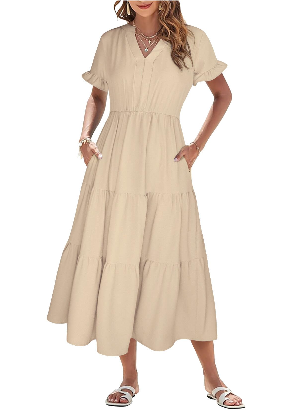 Theenkoln Sommerkleid Damen Maxikleid Lang V-Ausschnitt Kurzarm Strandkleid Einfarbig Rüschen Stufenkleid mit Taschen
