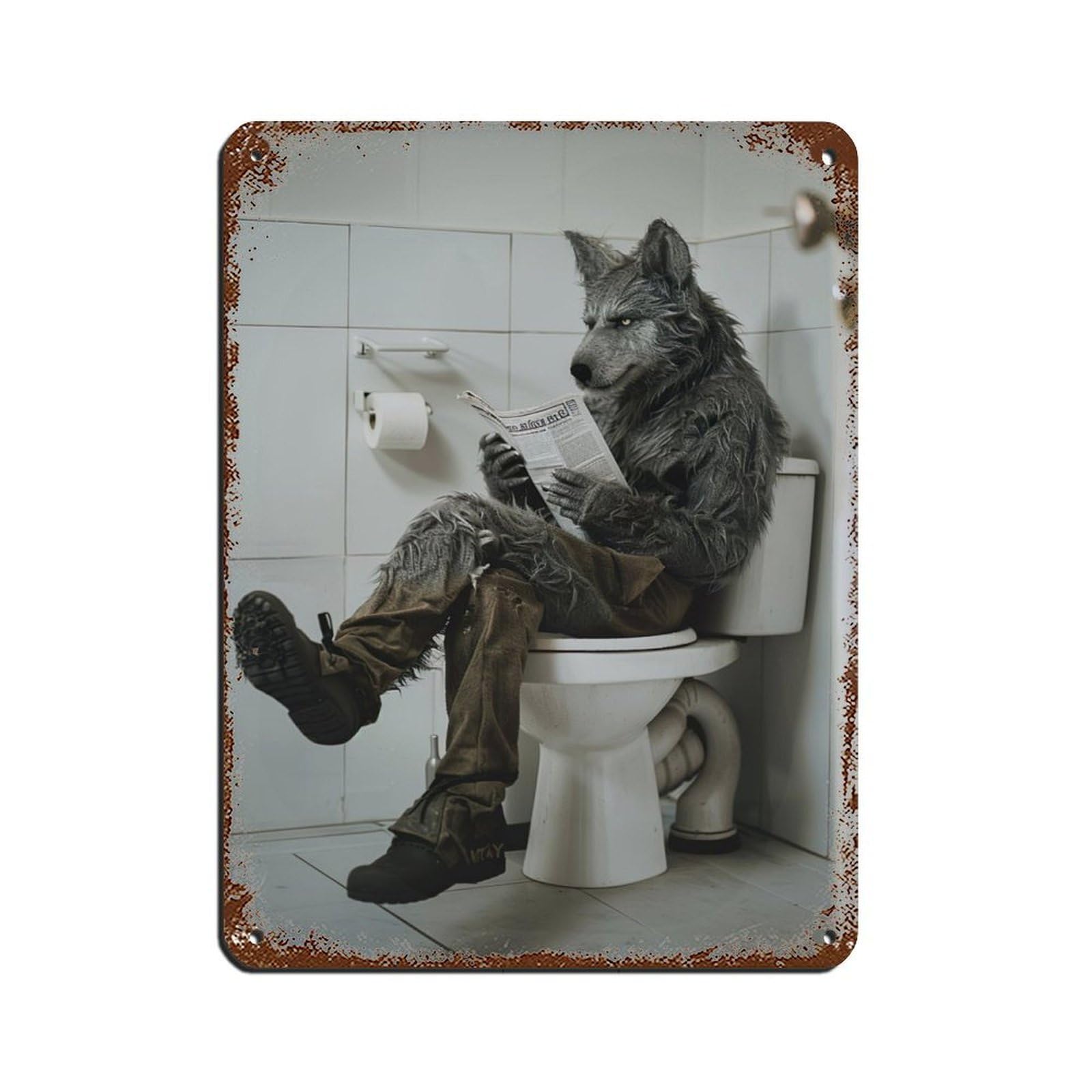 Werewolf Sitting on The Toilet Reading A Newspaper Tin Sign Vintage Metal Pub Club Cafe Bar Home Wall Art Decoration Poster Retro 12x16inch(30x40cm)