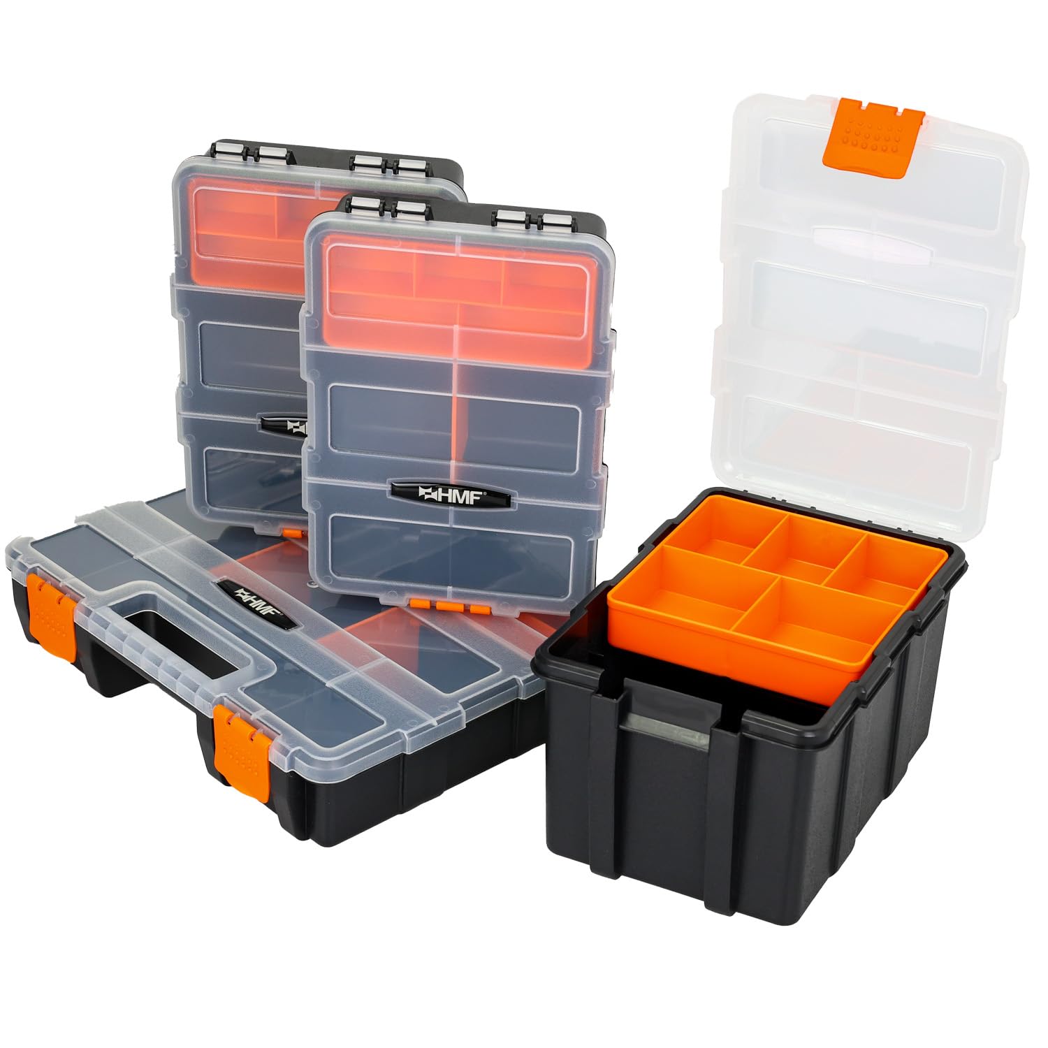 HMF 4 Piece Empty Sorter Box for Tools and Small Parts, 49 Compartments, Clear Lid, Black and Orange