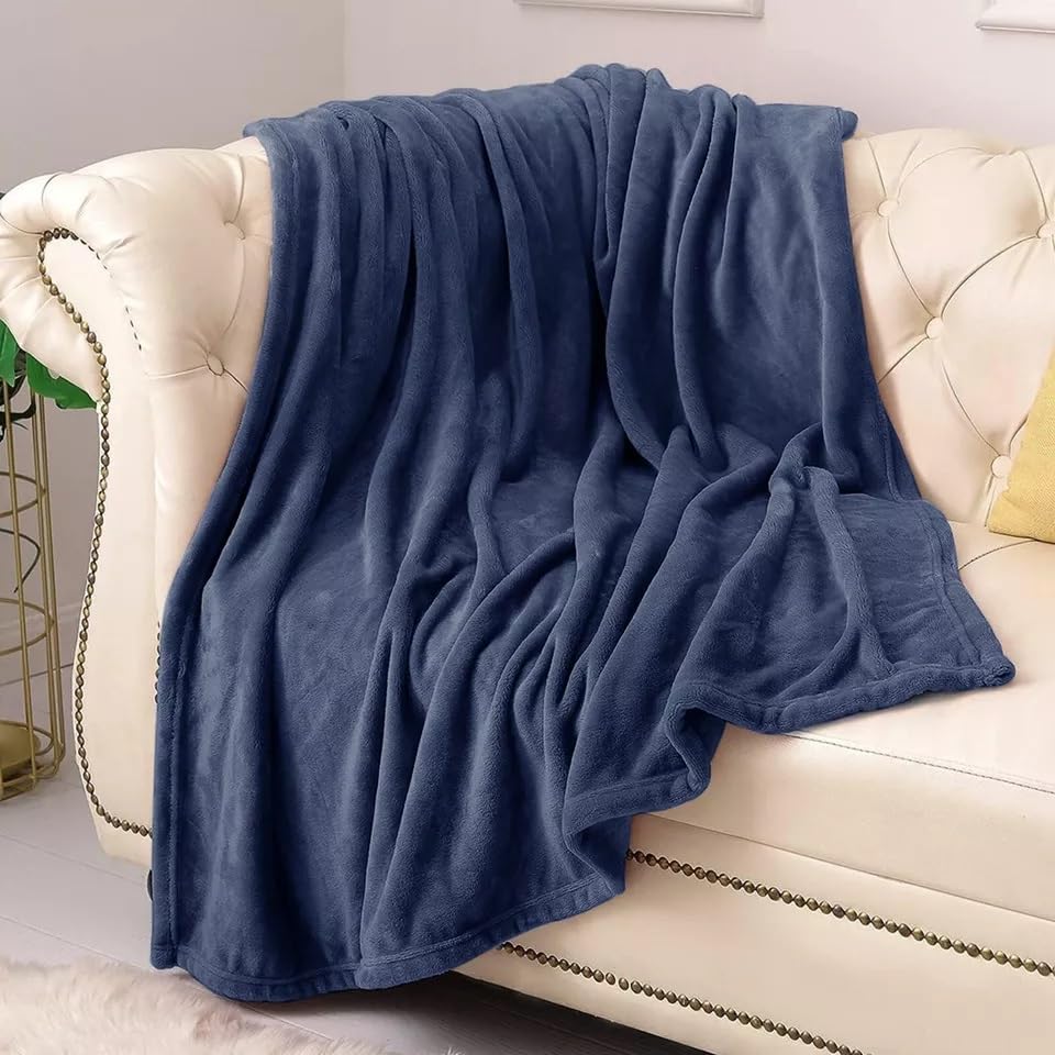 Plain Throw Fleece Blanket Supersoft Warm Cozy Sofa Settee Bed Cover for Home Couch & Bedroom (Blue, Double)