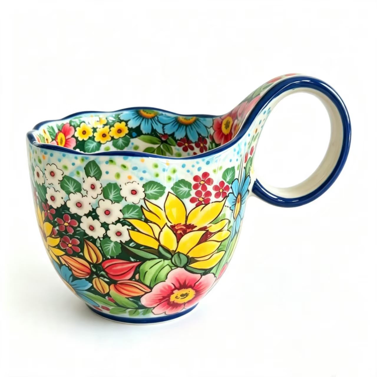 Floral Ceramic Bowl w/ Loop Handle – 16.9oz Soup/Cereal, Microwave Safe