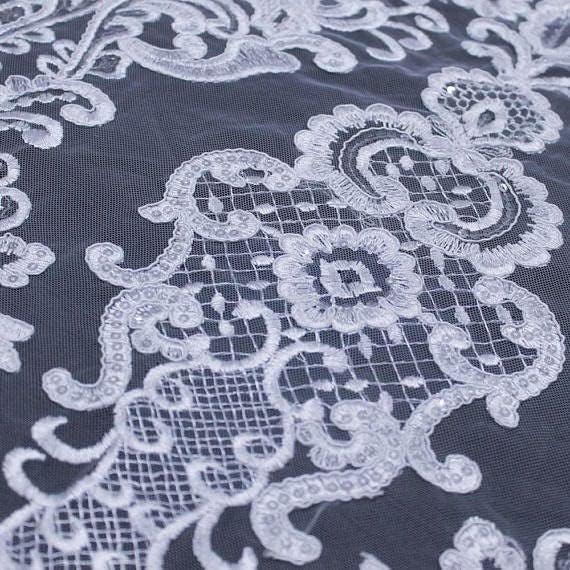 Vivian White Polyester Embroidery with Sequins on Mesh Lace Fabric by The Yard for Gown, Wedding, Bridesmaid, Prom - 10003