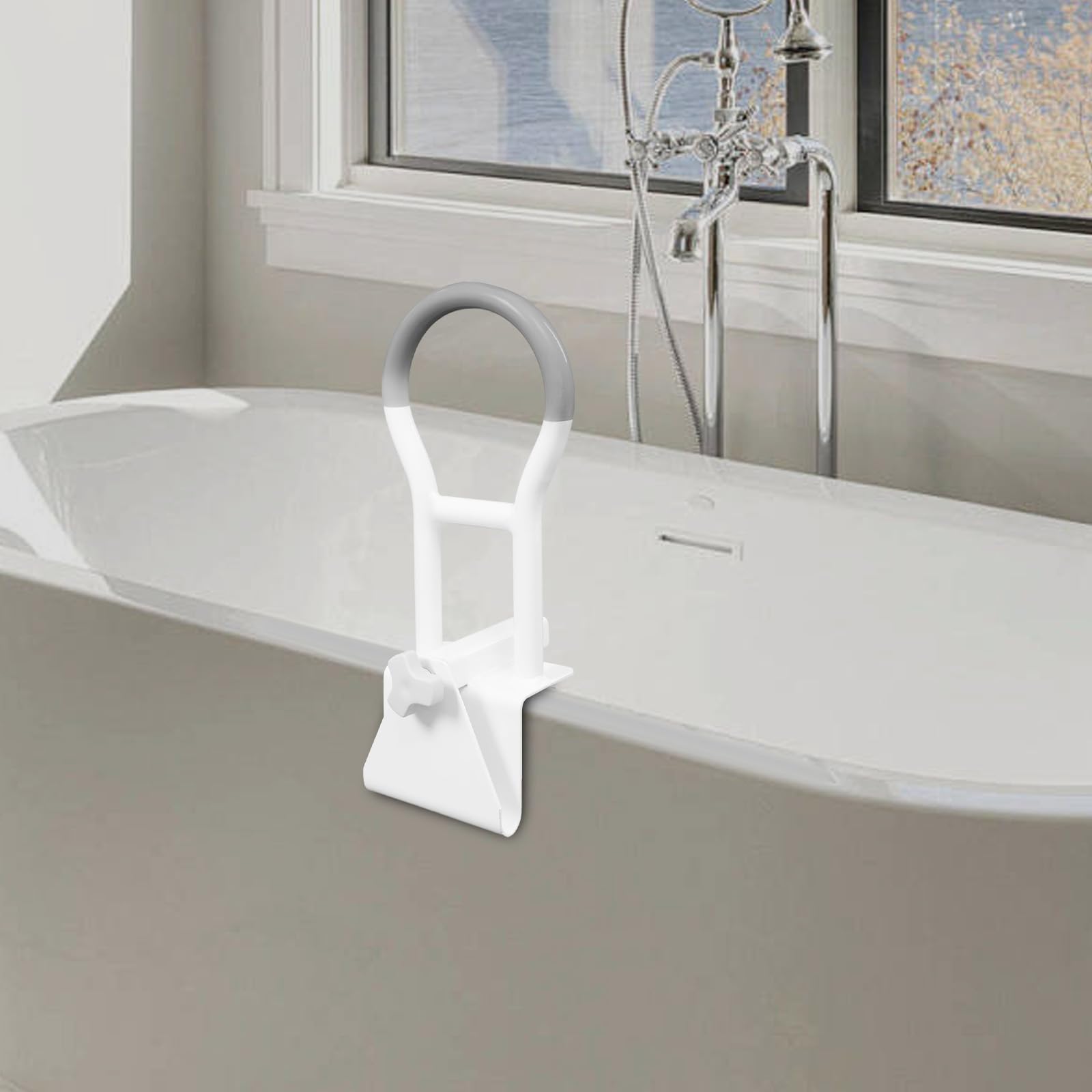 Mango de bañera, ayuda para entrar y salir de la bañera para personas mayores de acero al carbono con revestimiento de PVC en blanco y gris para un agarre seguro en la bañera