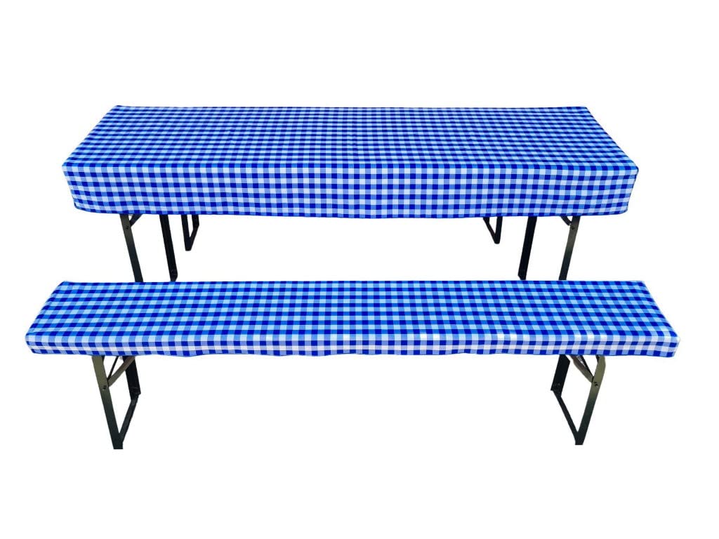 Zestaw mebli do namiotu piwnego (zestaw 3 szt.) składający się z 1 obrusu i 2 pokrowców na ławkę piwną. Rozmiar i kolory do wyboru (220 x 50 cm, niebieska kratka)