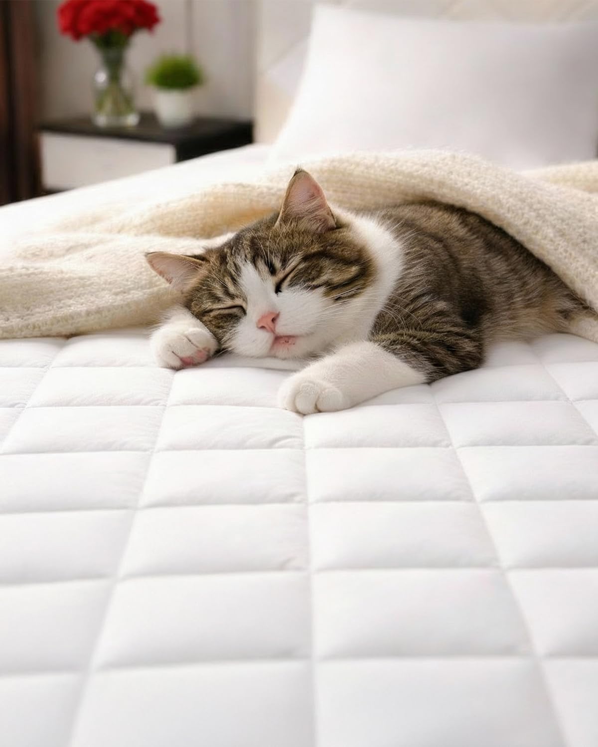 quilted fitted mattress pad protector king size - elastic fitted mattress topper & cover - breathable, soft, low profile top cover with 8-16 inch deep pockets - easy-fit and machine washable - white