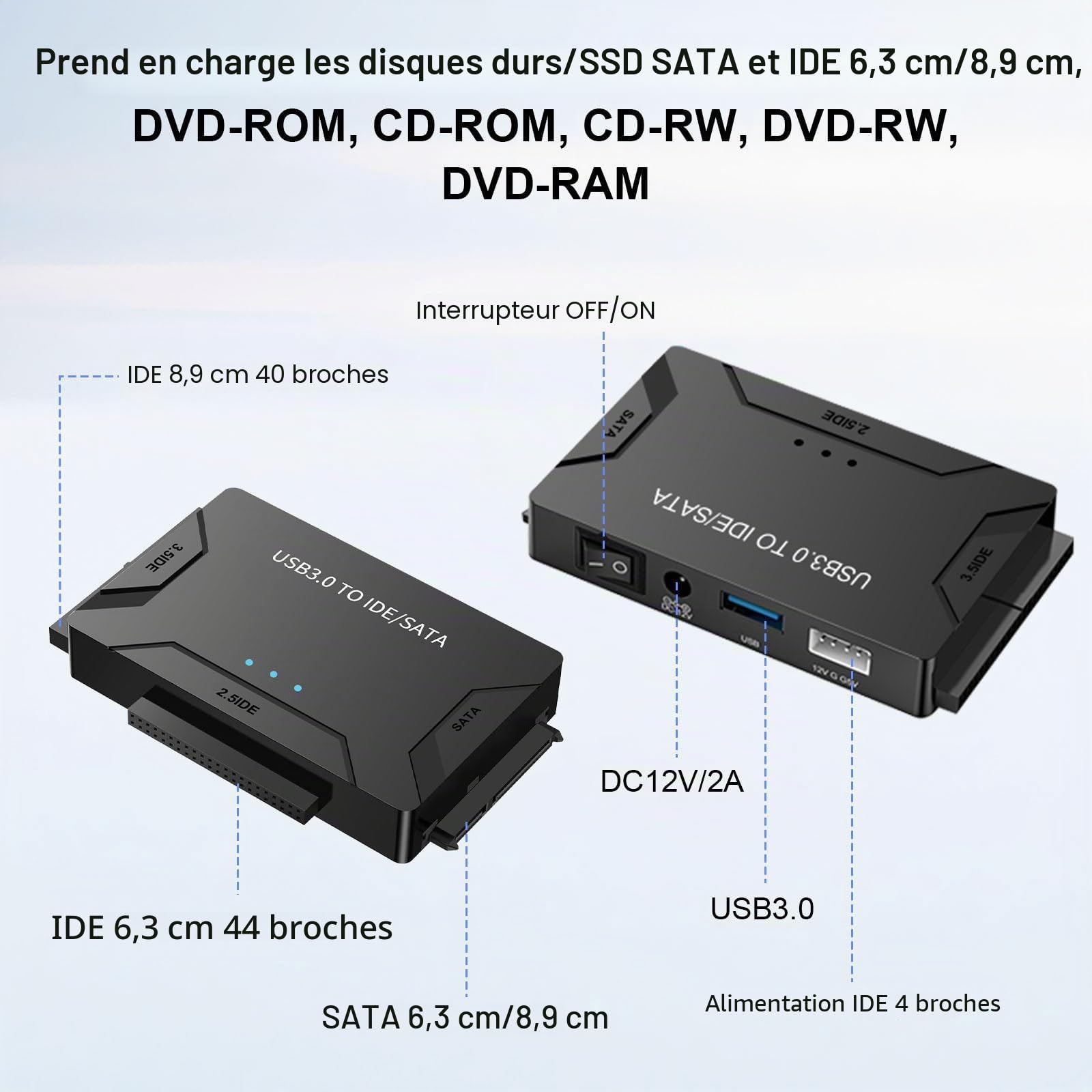 5Gbps Adaptateur Disque Dur USB 3.0 pour 2.5"/ 3.5" HDD/SSD, Convertisseur SATA et IDE Adaptateur de Disque Dur IDE/SATA pour Windows 11/10/8/7/XP/Vista avec Câble USB/Alimentation 12 V 2 A