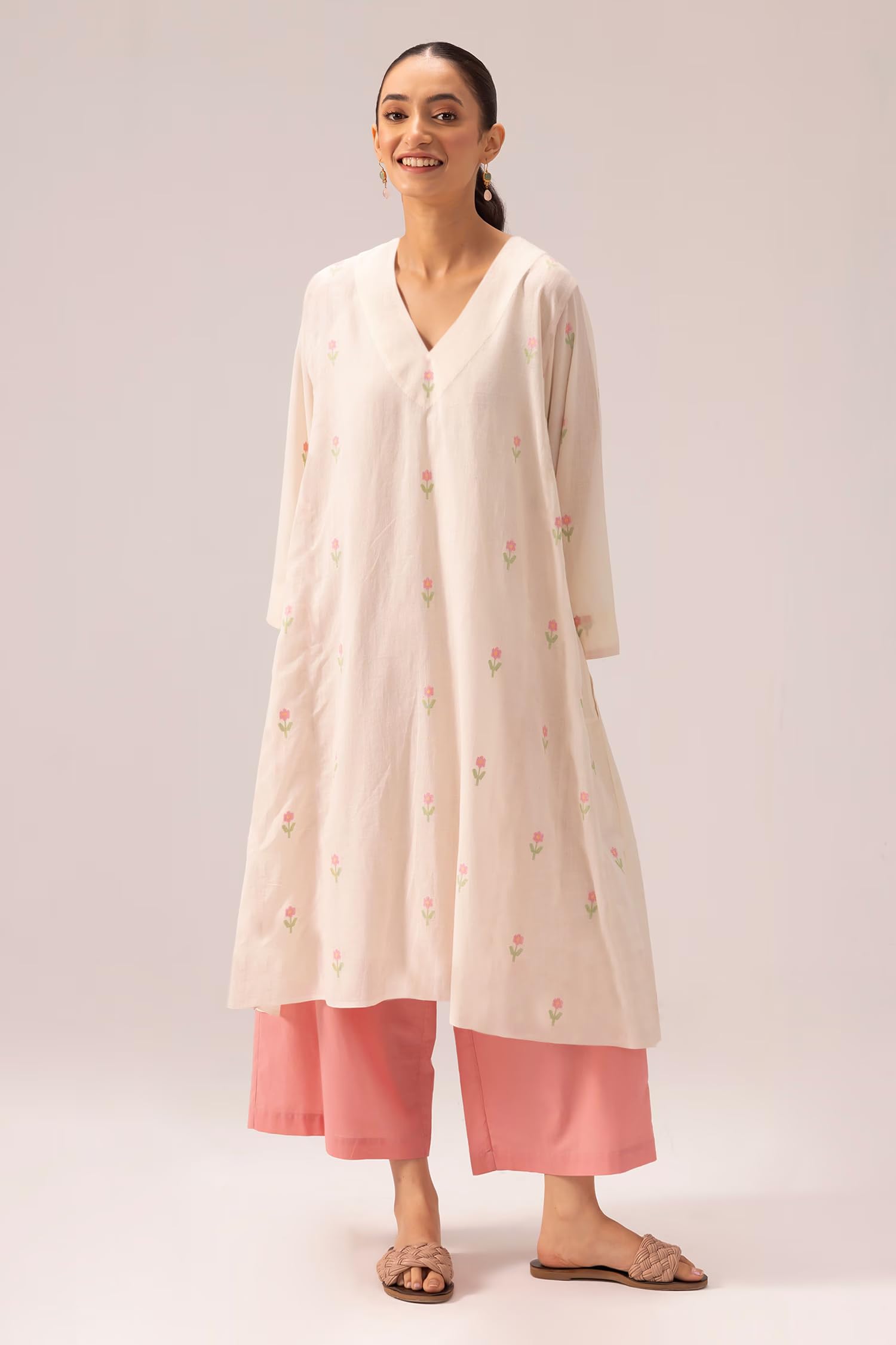 ANNI DESIGNER Kurta trapèze imprimé en viscose avec palazzo pour femme | Vert viscose | Manches longues | Col en V | Vêtements ethniques décontractés
