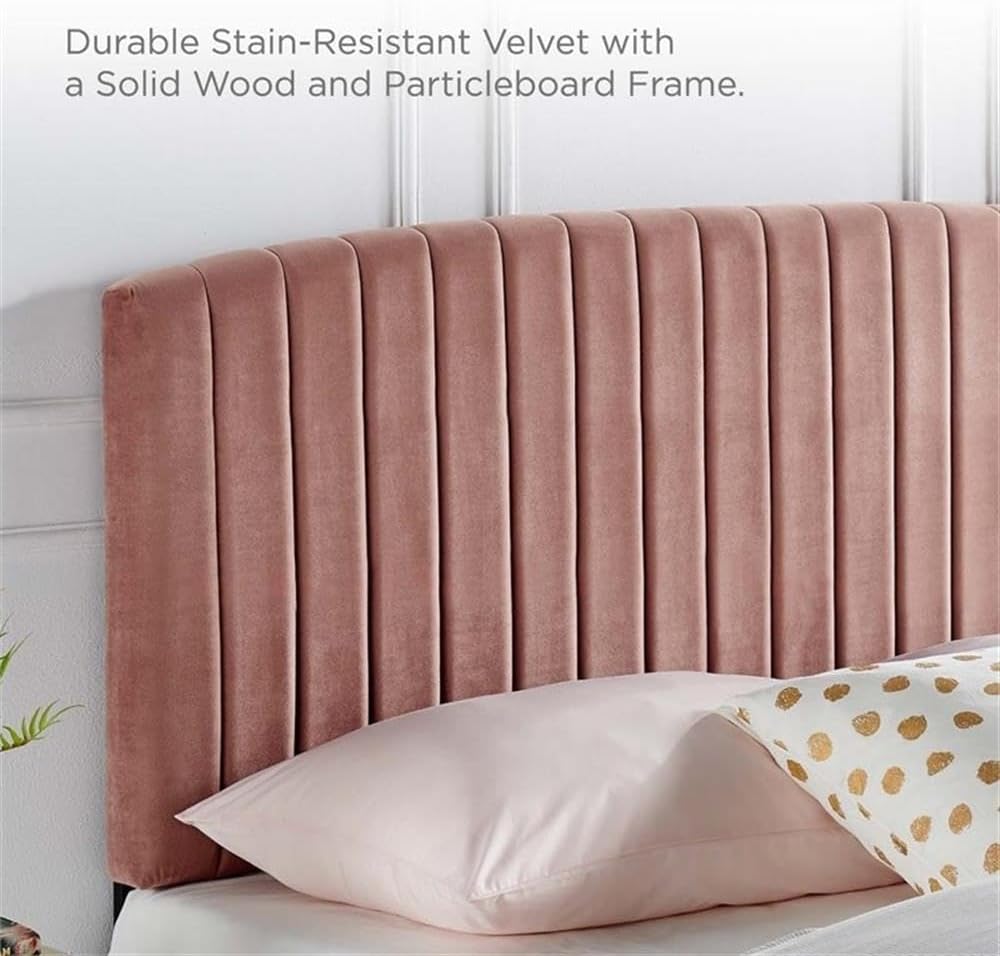 Pemberly Row Modern Adjustable Full/Queen Headboard, Dusty Rose Performance Velvet Upholstery, Channel Tufted, Dense Foam Padding, Solid Wood and Particleboard, Elegant Bedroom Furniture