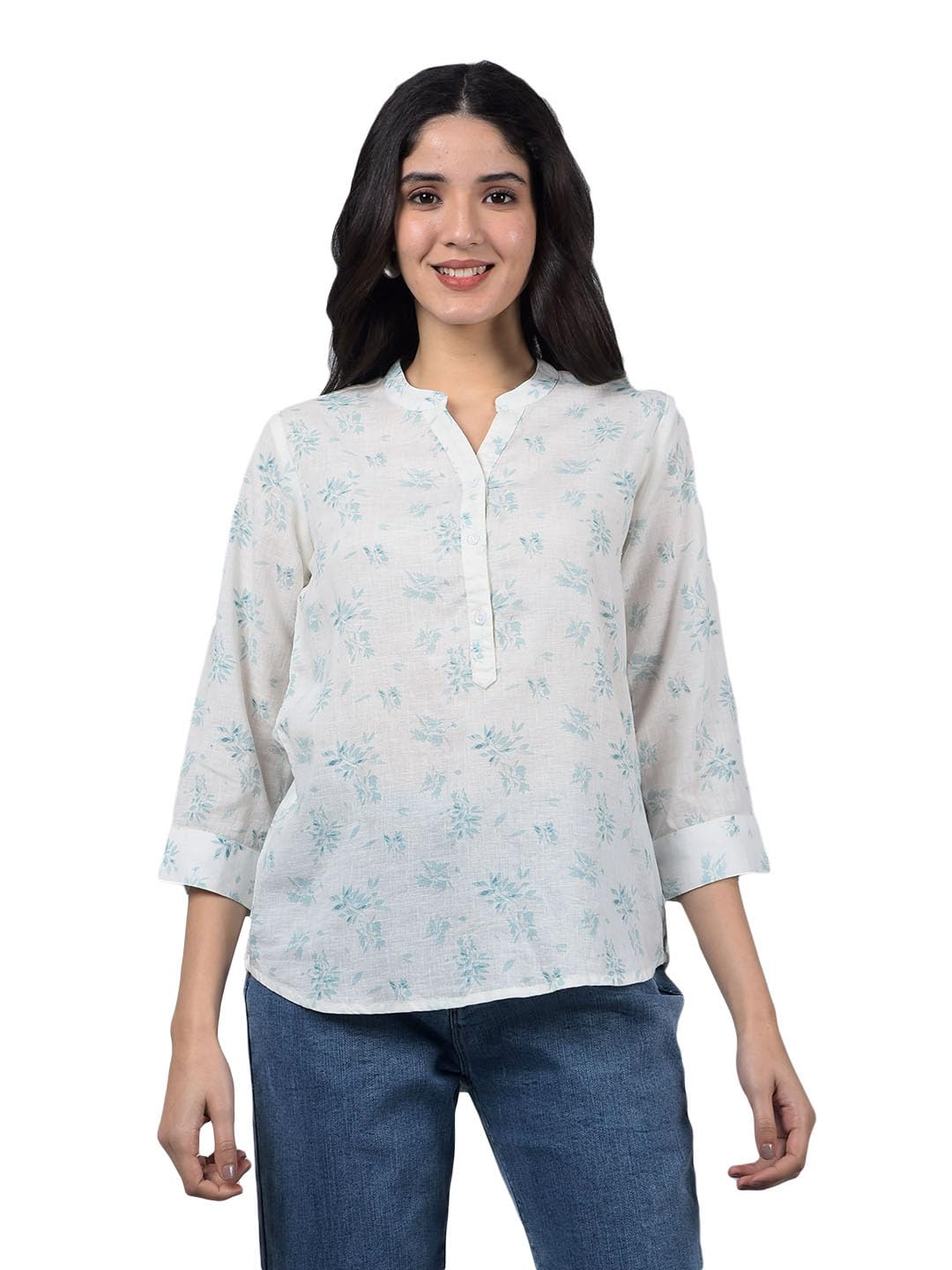 crimsoune club Women's Green Floral Print V-Neck Linen Top-picture-11