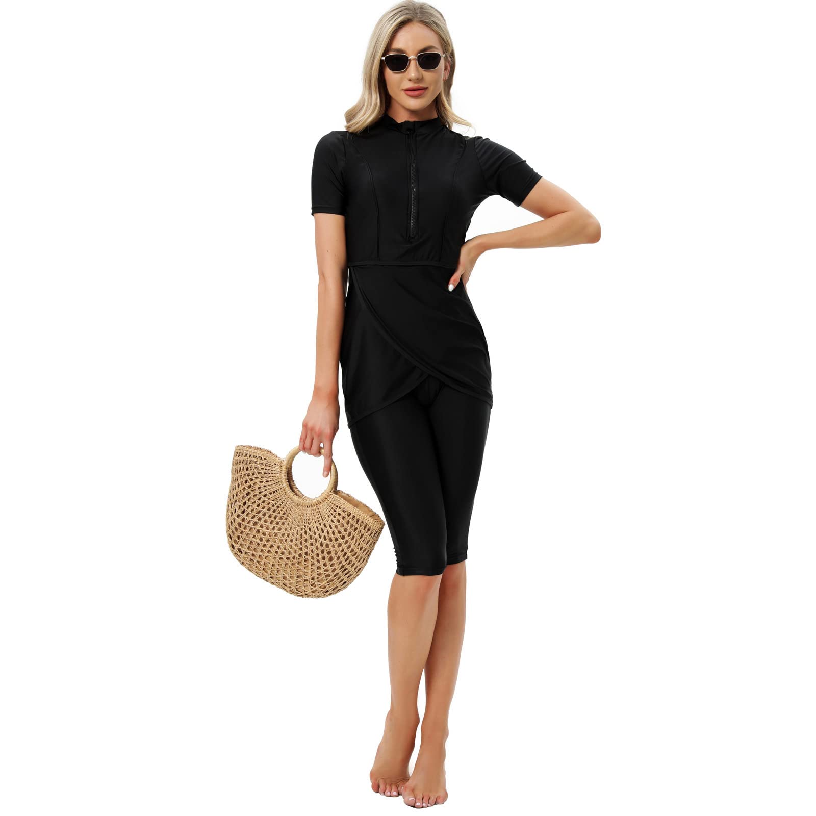Odizli Maillot de bain musulman Modest pour femme - Maillot de bain islamique à manches courtes + short de bain + hijab - Maillot de bain 3 pièces