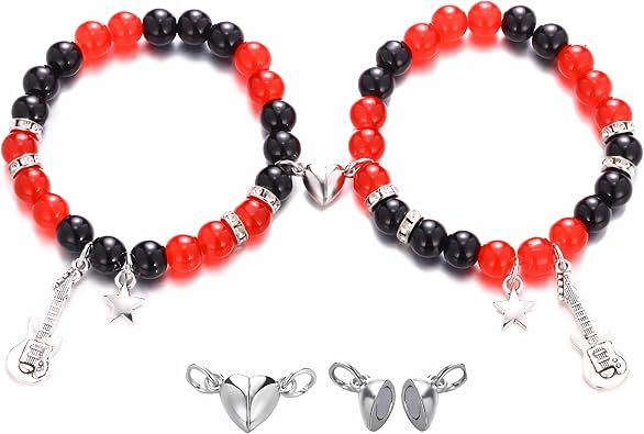 Matching Bracelet for Couple Women Men Dainty Guitar Crown Bracelet Heart Stone Pink Green Beads Bracelets Friendship Relationship Promise Bracelet for Best Friends Bff Trendy Jewelry Gifts