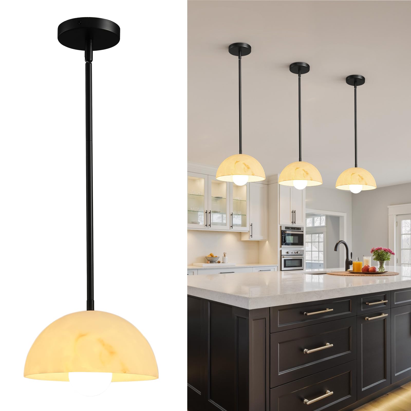 Modern Pendant Light Fixtures: 10 Inch Resin Shade Mid Century Chandelier - Adjustable Black Pendant Lighting for Kitchen Island Living Room Bedroom