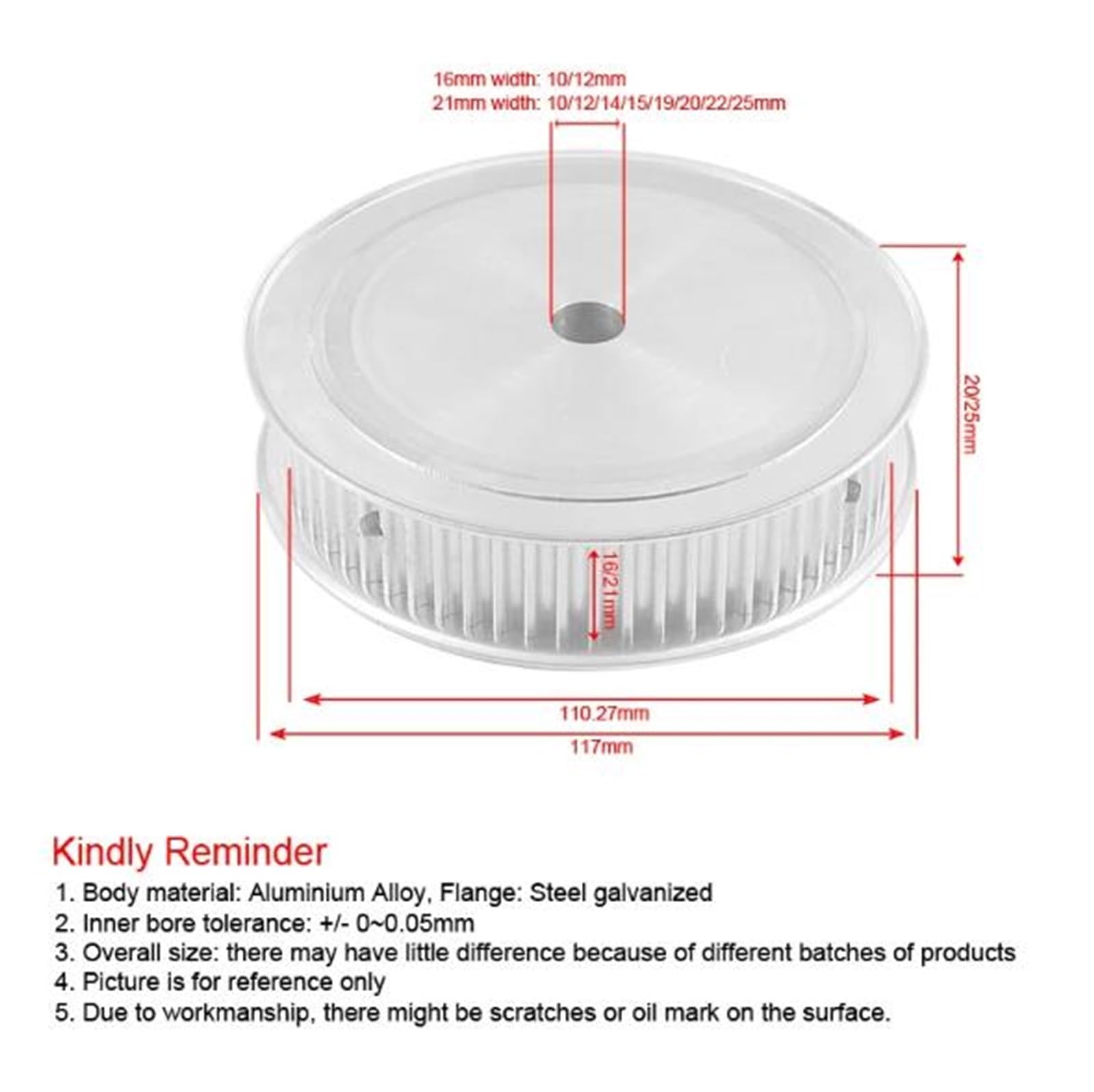 Poulie à courroie HTD5M 70 dents, alésage intérieur 10/12/14/15/17/19/20/25 mm, avec ou sans rainure de clavette, largeur 16/21 mm(16mm,16mm)
