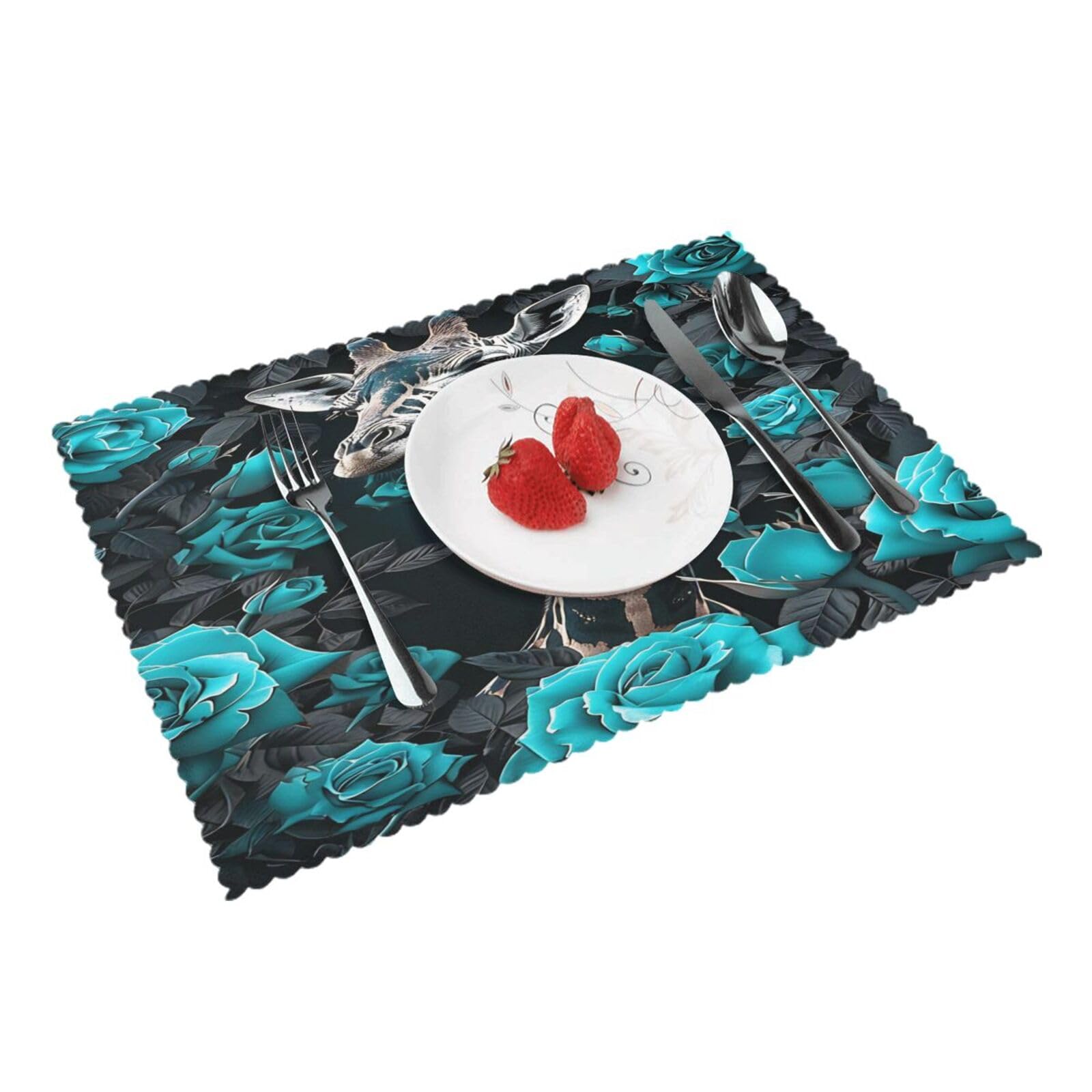 Giraffe Blue Roses Placemats Set of 4 Print Table Mats Place Mats Table Decor for Kitchen Dining 12X18 in