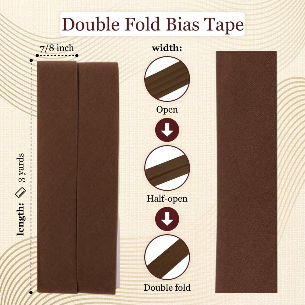 7/8'' Mocha Double Fold Bias Tape for Sewing 3 Yards Length Brown Binding Wide Material Cotton Seaming Binding Hemming Quilting Projects Crafts