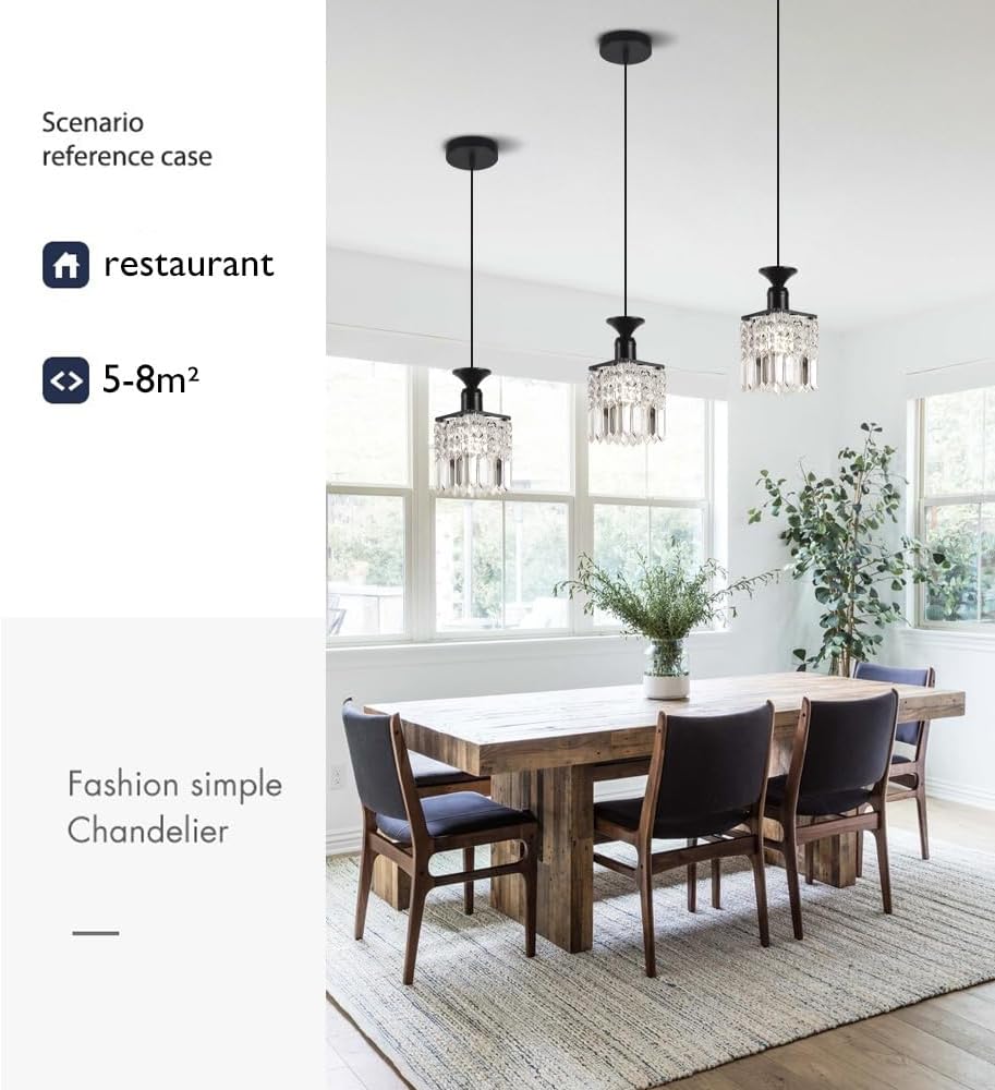 Small Crystal Chandelier/Crystal Pendant Light, Modern Chandelier with Adjustable Height, E26 Socket,Black,for Bedroom Bedside Lamp/Dining Room/Entrance/Study Room/Corridor/Balcony Lighting