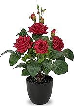 Briful 38CM Artificial Roses in Pot Red Artificial Flowers, Silk Rose Fake Flowers Spring Decoration Fake Roses with Pot for Home Kitchen Bathroom Decor