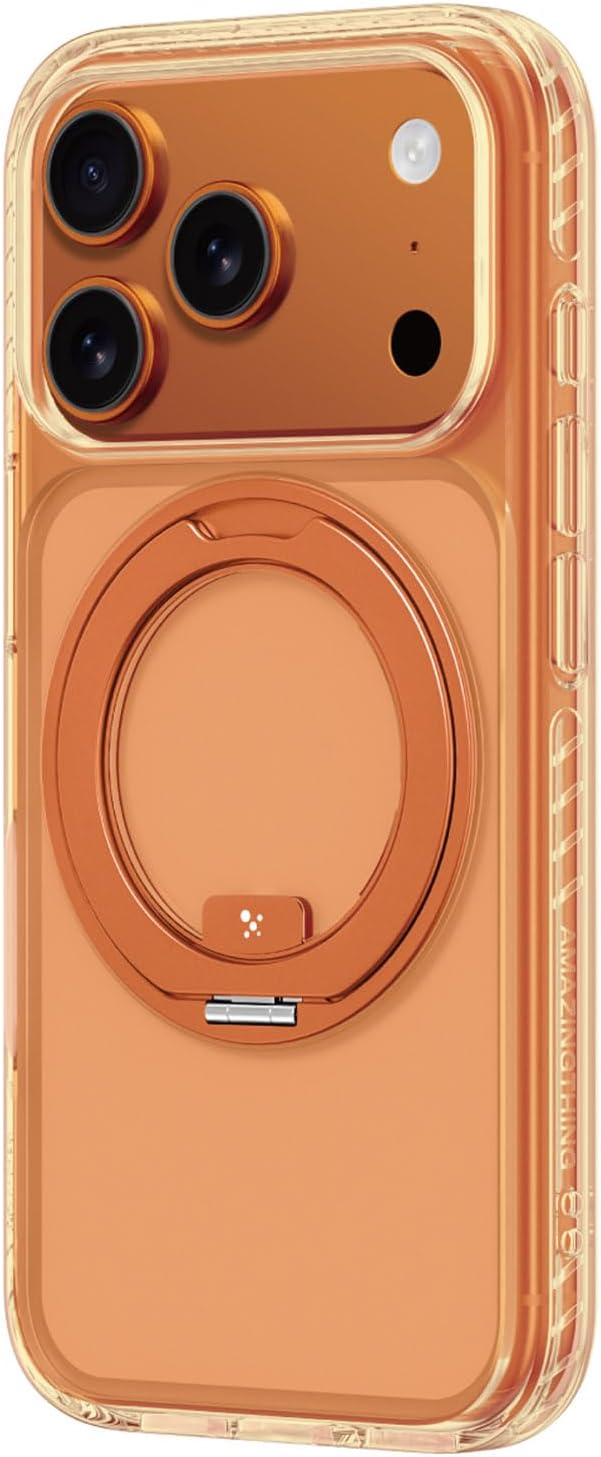 AMAZINGthing for iPhone 17 Pro Max [Titan Pro MagSpin Case], Built-in 360° Spin Stand, Designed for MagSafe Accessories, 12FT Drop Proof, Magnetic Phone Cover with Rotatable Kickstand, Clear Orange