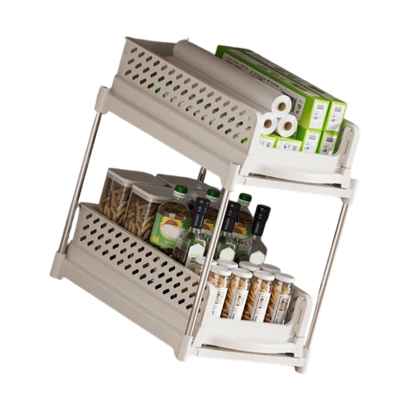 alloneslife 2 Layer Pull Out Shelf for Kitchen Cabinet Narrow Gaps Storage Rack with Sturdy Construction and Baskets Kitchen Shelf for Bottles