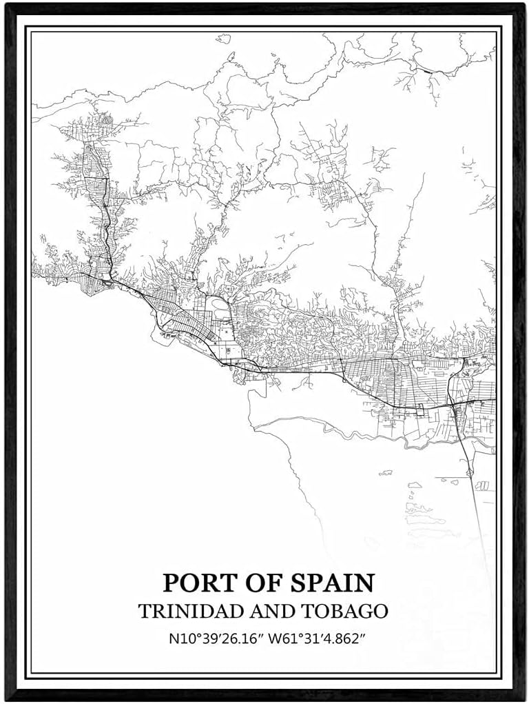 Port of Spain Trinidad and Tobago Map Wall Art Canvas Print Poster Artwork Unframed Modern Black and White Map Souvenir Gift Home Decor