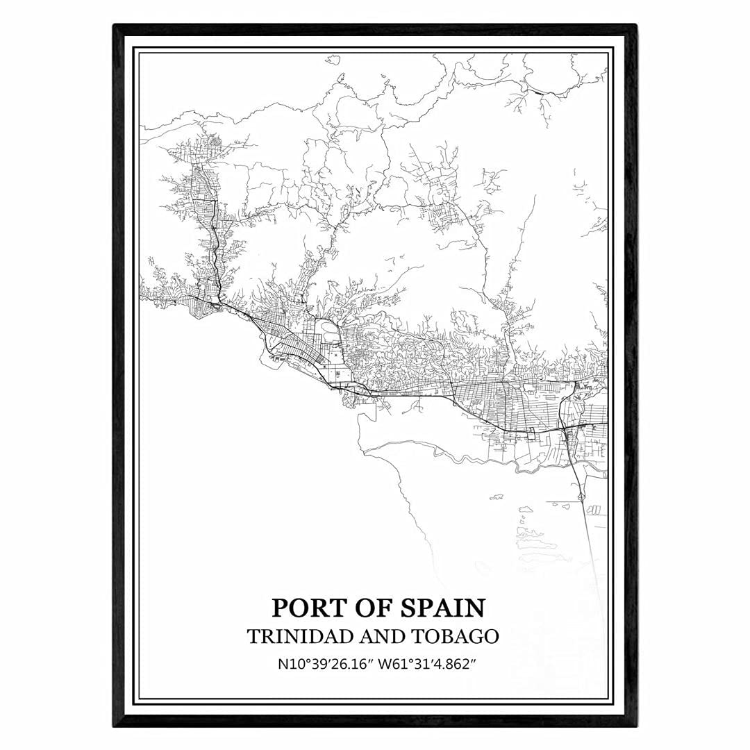 Port of Spain Trinidad and Tobago Map Wall Art Canvas Print Poster Artwork Unframed Modern Black and White Map Souvenir Gift Home Decor