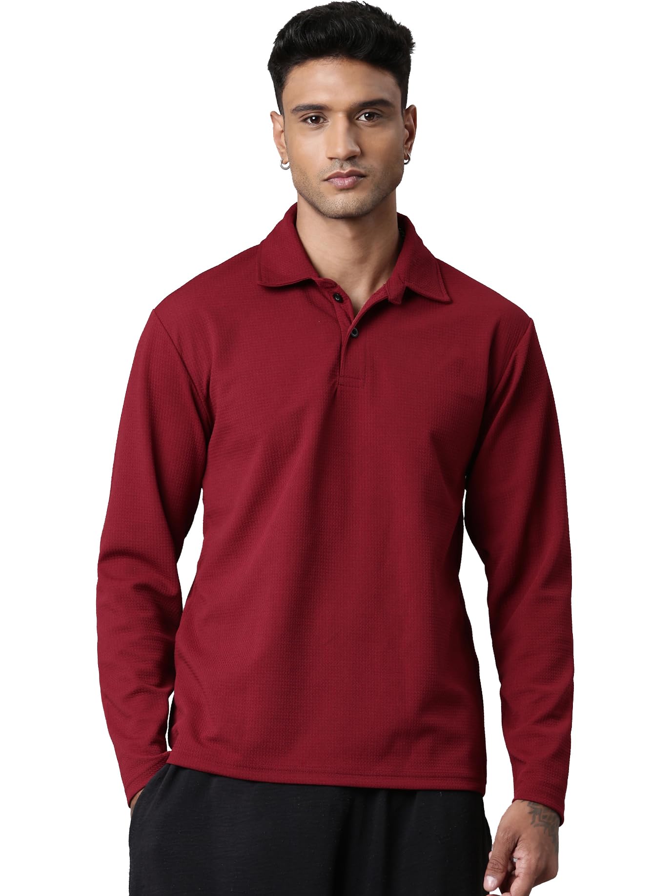 Men's Stylish Textured Full Sleeve Polo T-Shirt (Red)-picture-23