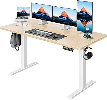 HUANUO 55" x 24" Electric Standing Desk Adjustable Height, 4 Memory Height Settings, Headphone Hook, Cable Manager, Sit Stand Up Desk for Home Office & Computer Workstation, Natural