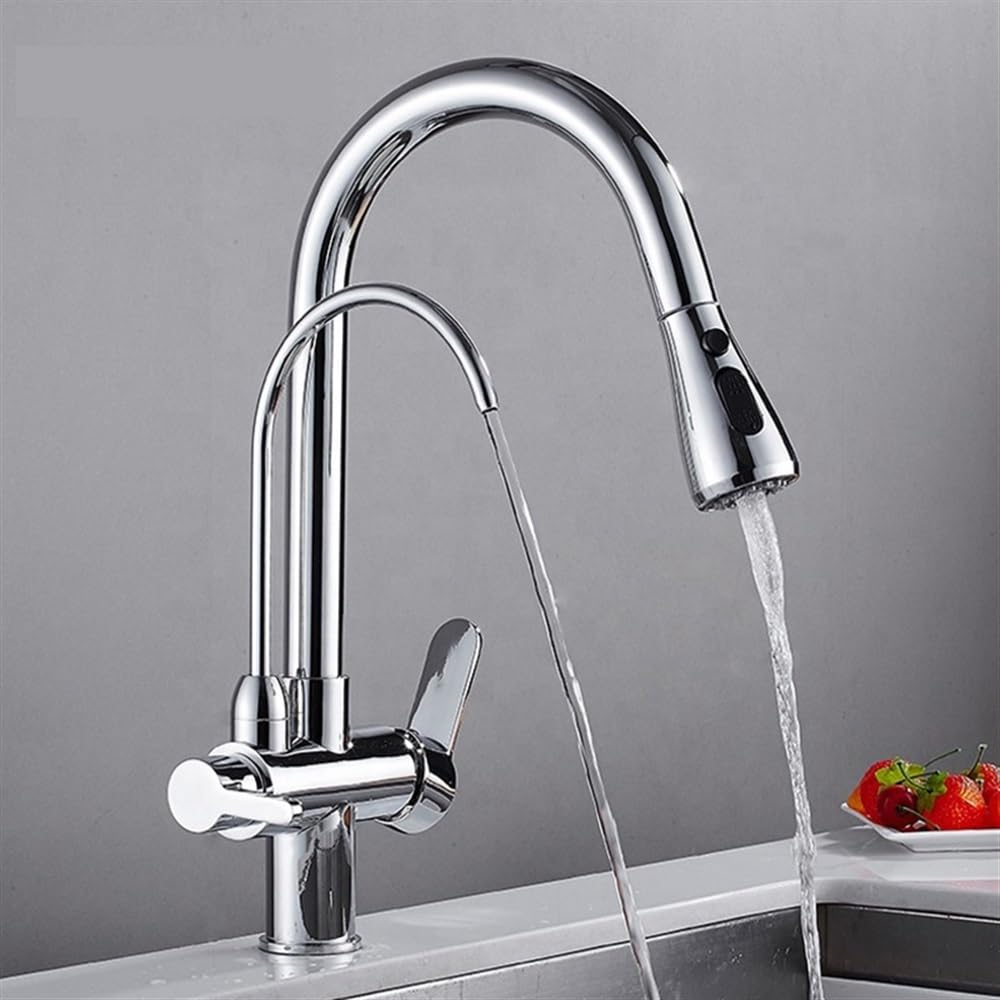 Robinet mitigeur d'évier extractible en Laiton avec Filtre et Jet d'eau Pure, 3 Voies, Eau Chaude et Froide, Montage sur Pont