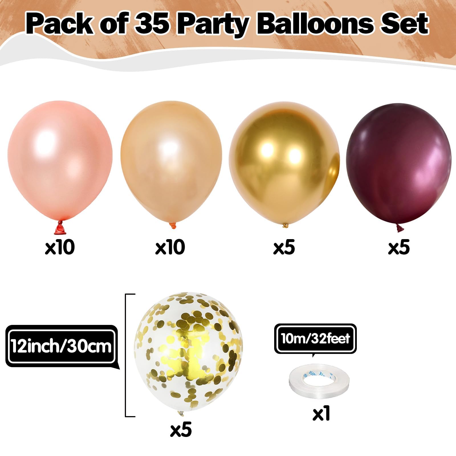 Luftballons Weinrot Rosegold 12 Zoll Roségold Burgundy Champagner Metallic Gold Konfetti Luftballons Set Geburtstag Party Ballons Deko für Mädchen Frauen Verlobung Hochzeit Brautparty Dekorationen