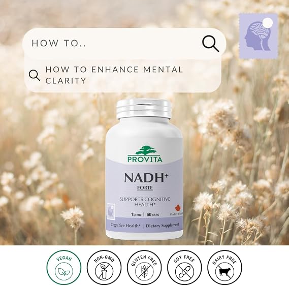 PROVITA NADH+ Forte | Cognitive Support Supplement with NADH, Coenzyme Q10 & Chlorophyll | Energy Support, Focus, Mental Clarity & Brain Health | Vegan Capsules | High Absorption Cellular Formula