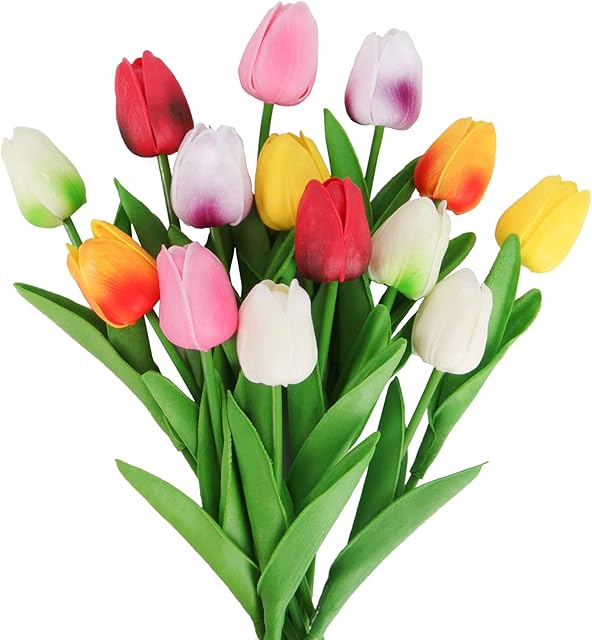 Beferr 14 Pcs Artificial Flowers Tulips, Decorative Fake Tulips Bouquet for Home Garden Wedding Party Indoor Outdoor Decoration (Mixed Color)