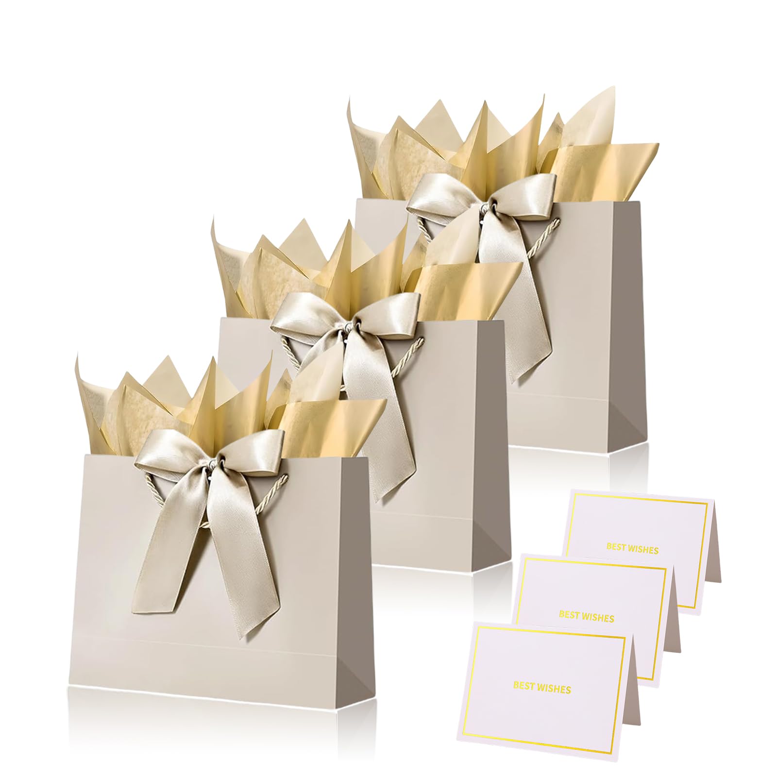 Champagne Gift Bags for Presents,3P Medium Present Bags with 6 Metallic Gold Tissue/3 Card,Personalised Birthday Gift Paper Bag with Ribbon,28*20*10 Wrapping Bag for Christmas Wedding Gift Party Bag — image 1