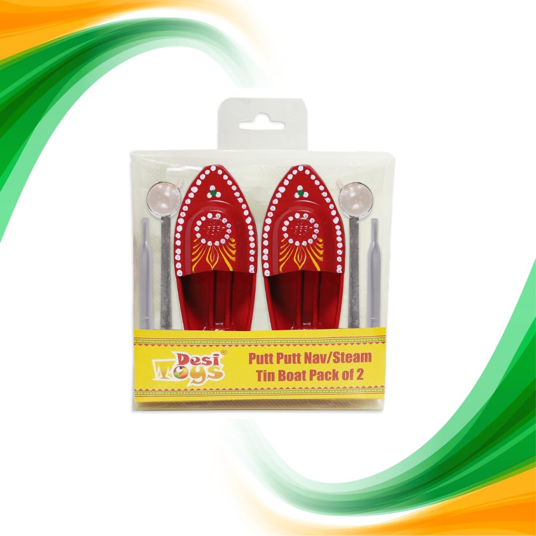 Desi Toys Putt Nav Pop Pop Steam Boat Classic Indian Nostalgic Tin Water Toy Free Candle & Dropper Powered by Flame Festive Gift Set (Pack of 2) Patriotic Toys for Republic Day