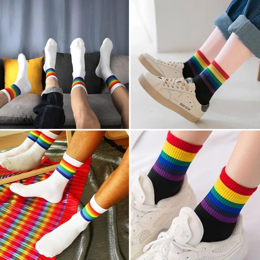 Skarpety z tęczą, 6 par skarpet ze wzorem, bawełna LGBT, skarpety damskie, kolorowe paski, tęczowe dla mężczyzn i kobiet, w paski, Pride Month Gay, skarpety do LGTBQ, biały, czarny., 35-41 EU