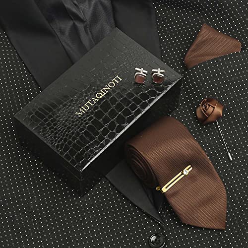 Image of MUTAQINOTI Mens Woven Premium Silk Necktie Suit Accessories Set With Pocket Square Cufflinks Brooch Golden Tie Pin (TEGP2)