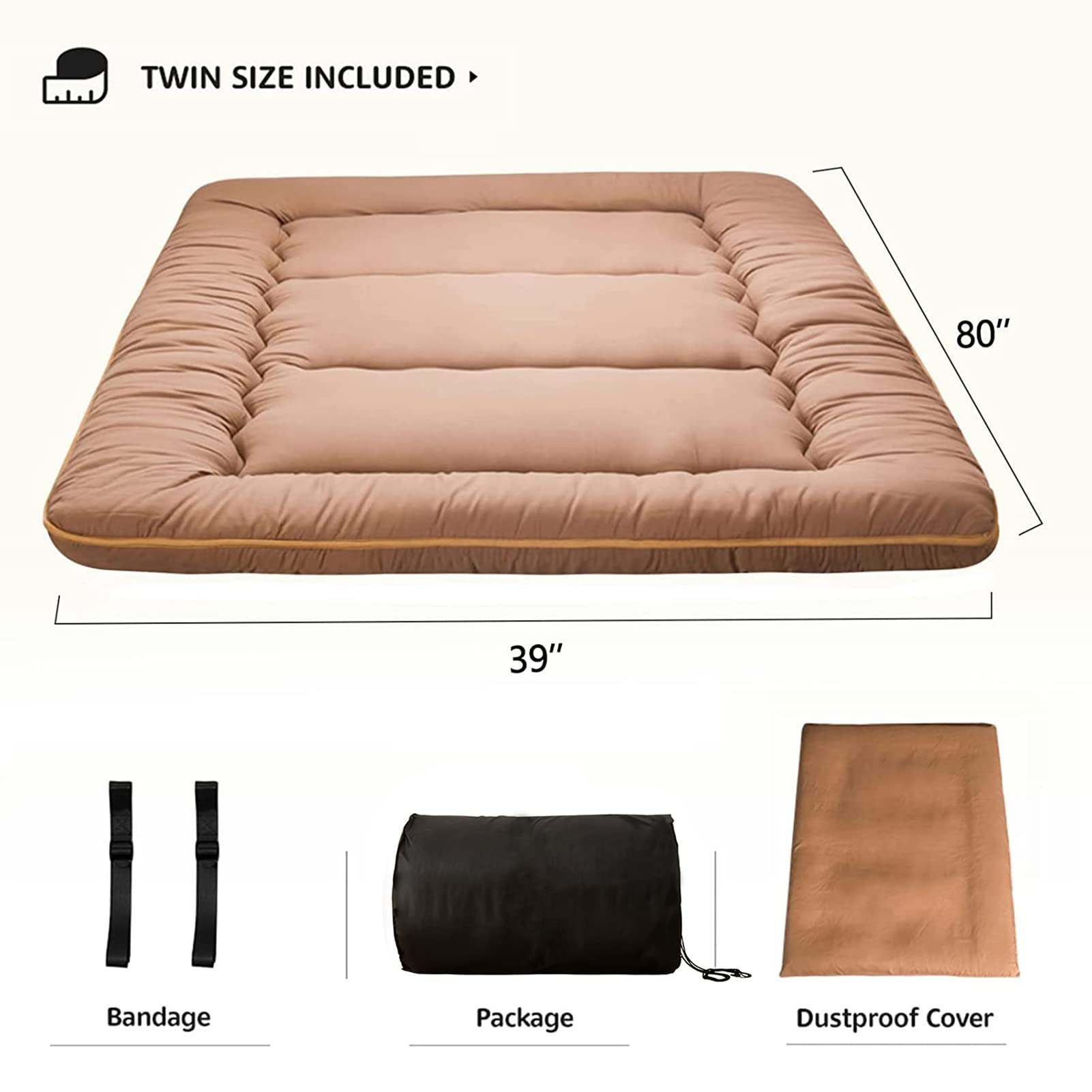 MAXYOYO Japanese Floor Mattress Futon Mattress, Thicken Tatami Mat Sleeping Pad Foldable Roll Up Mattress Guest Mattress Pad Kids Floor Lounger Bed, Light Brown, Twin