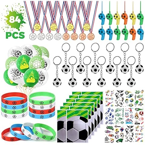 84pcs Football Party Bags Children's Birthday Boy Football Give Aways with Balloon Silicone Bracelet Medals Whistle Keyring Tattoo Gift Bags Football Gifts Boy Cover