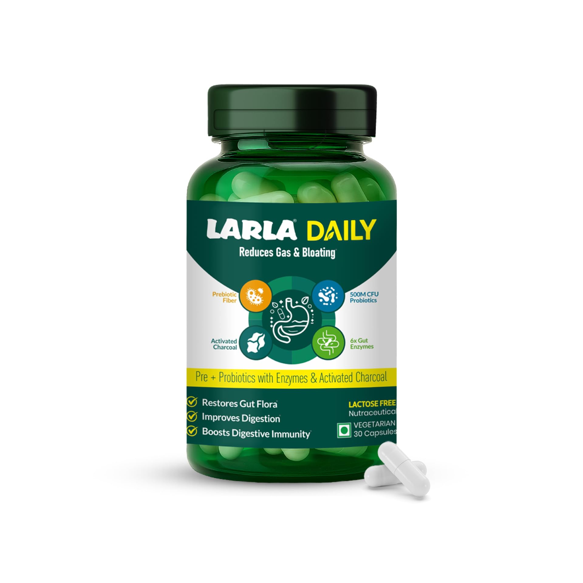 Larla Daily Digestive Capsules | Reduces Gas & Bloating | Pre + Probiotics with Enzymes & Activated Charcoal | Lactose Free Nutraceutical | Supports Digestion & Gut Health | 30 Veg Capsules-image-37