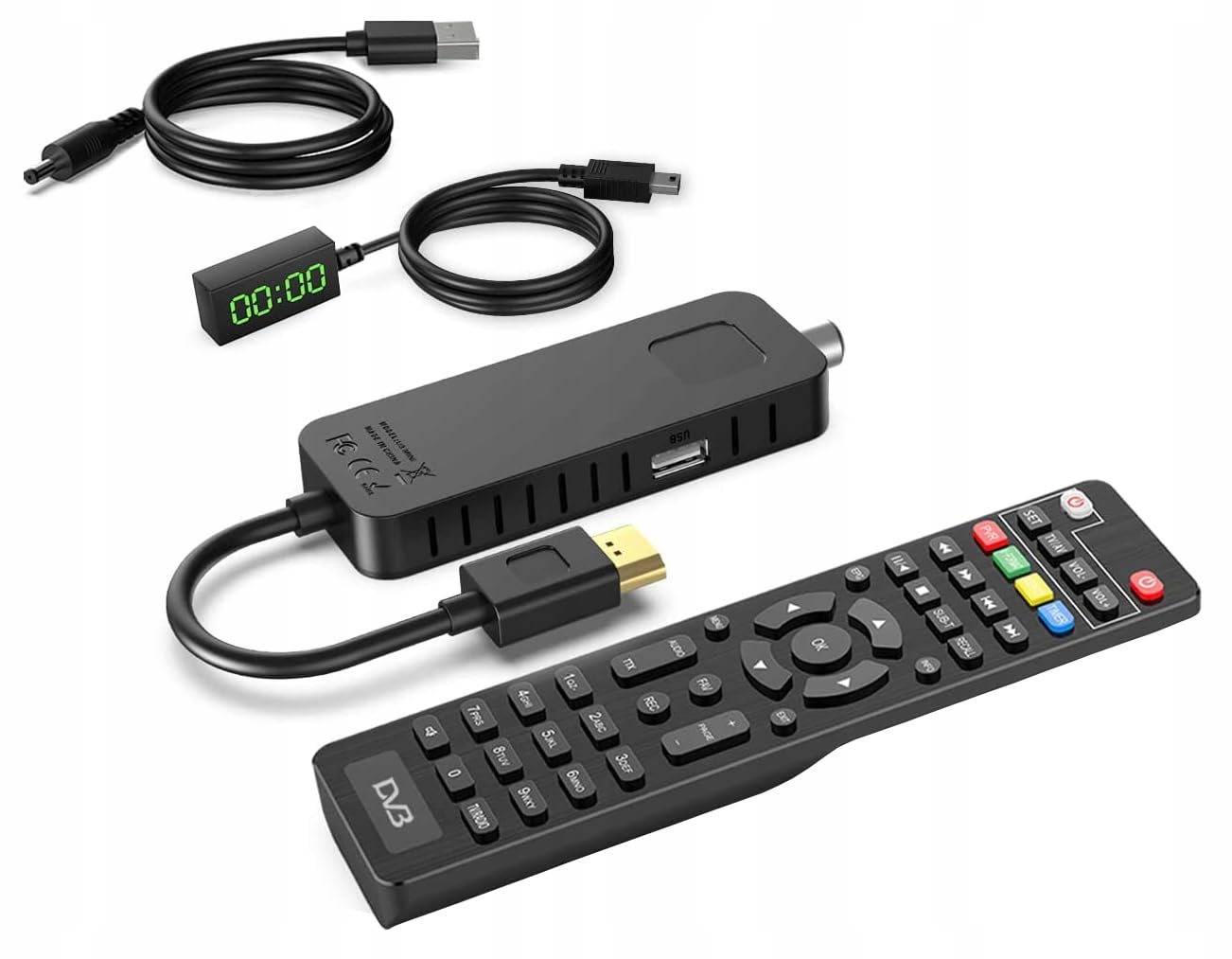 LTC Mini DVB-T2 HD Stick Receiver, H.265 HEVC Decoder, Full HD 1080p, 2-in-1 lernfähige Fernbedienung, PVR Aufnahme, USB, HDMI, Infrarot-Sensor, Schwarz