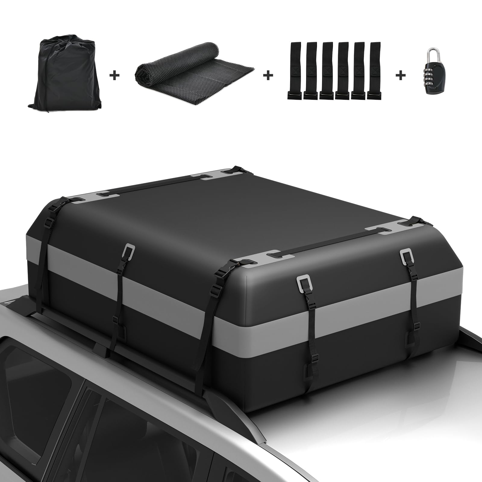 COSTWAY Borsa da Tetto per Auto Impermeabile 21Cu.Ft/595L, Box Tetto Universale con Tappetino Antiscivolo+ 12/14 Cinghie+ 6 Ganci, Sacca per Auto con/senza Barre Portapacchi (Grigio, 21Cu.Ft/595L)