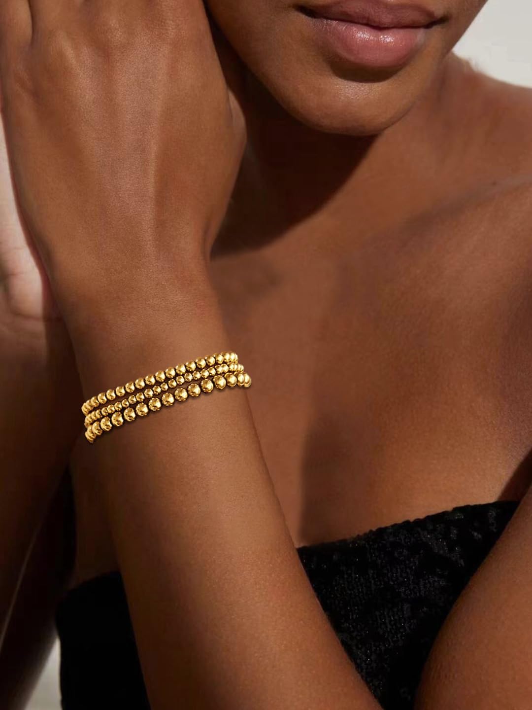 Gold Bangle Bracelets for Women, 14K Gold Plated Beaded Bracelets Stretch Bead Ball Chain Layered Bracelet Stack Set, Love Cubic Zirconia Bangle Women Jewelry - Image 4