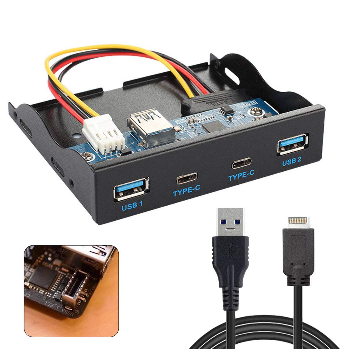Hub Interno USB 3.1 4 Porte (2xType A + 2xType C) 10 Gbps, Per Alloggiamento 5.25", Con Alimentazione SATA E Header Tipo E