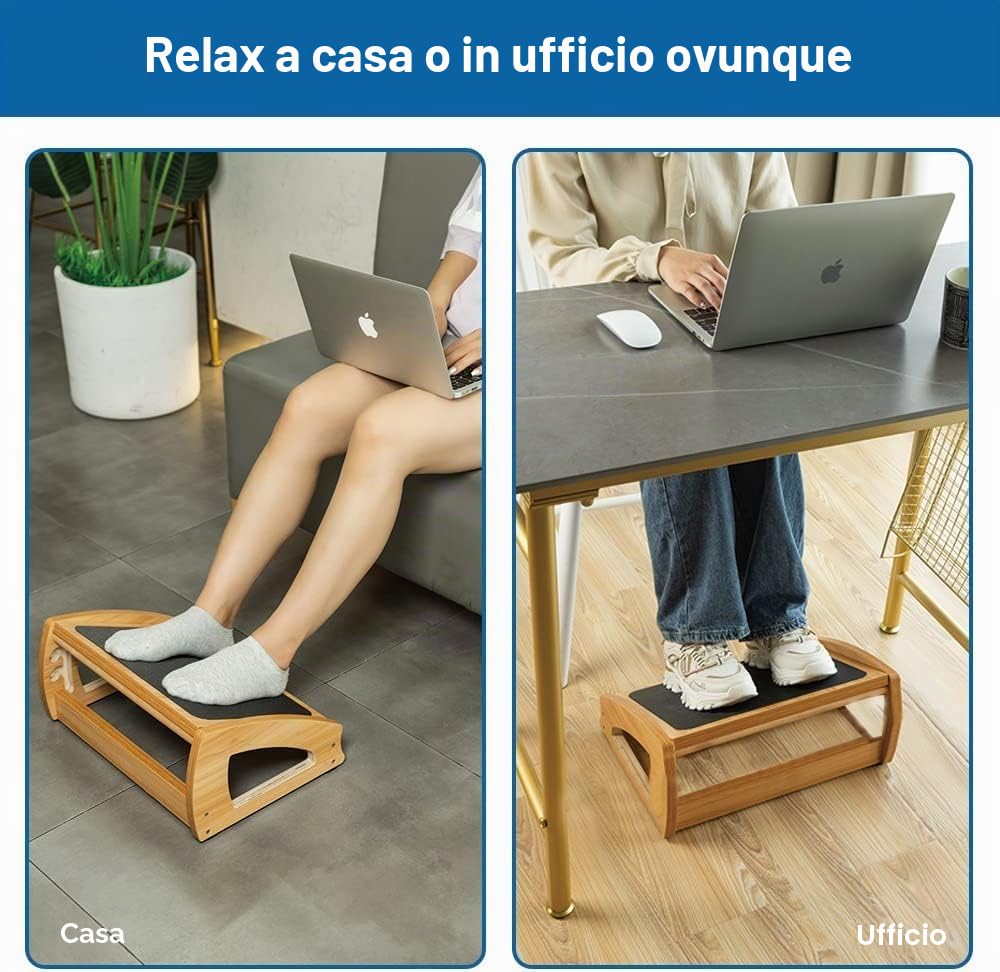 StrongTek Poggiapiedi da scrivania in legno per lavoro, 3 altezze regolabili, poggiapiedi ergonomico da ufficio con ampia superficie antiscivolo, migliora la postura e la circolazione sanguigna, fino