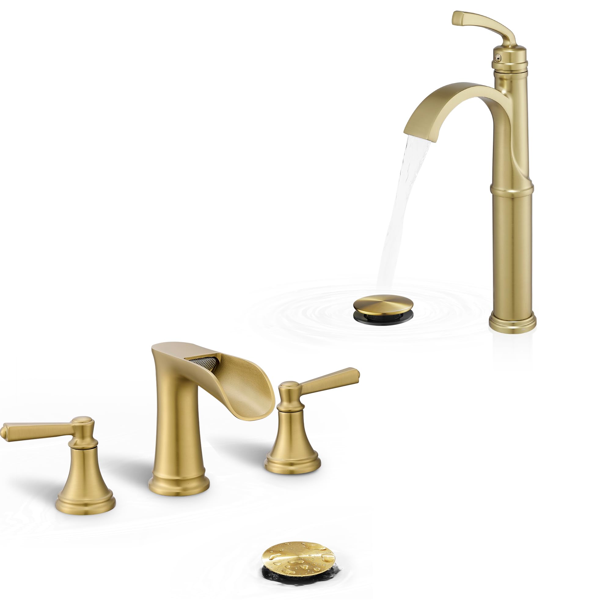 Robinet de salle de bain 8 pouces en laiton doré brossé, 3 trous, style cascade, à entraxe large et 2 poignées, avec bonde clic-clac et flexibles d'alimentation préinstallés en PVC-U pour meuble-lav